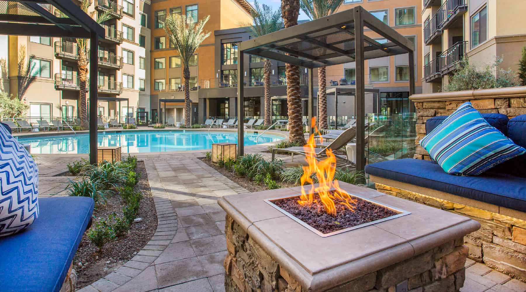 Daytime view of The Colony’s pool surrounded by lounge chairs, palm trees, and landscaped greenery.