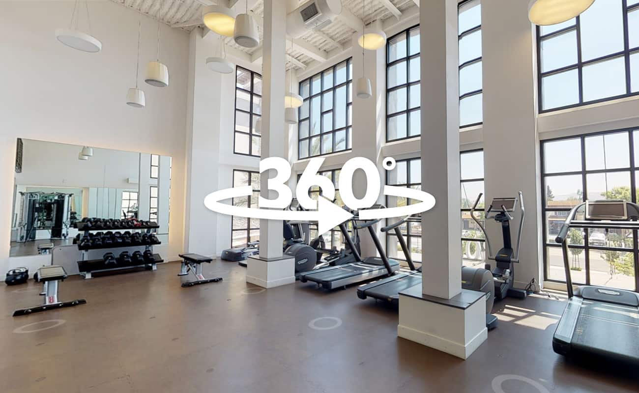 360-degree view of the fitness center with large windows, modern workout equipment, and ample space.