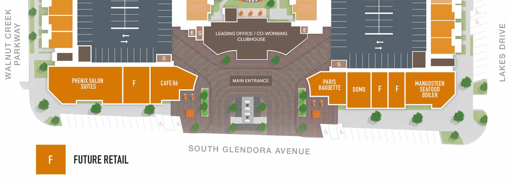 A retail map layout showcasing shops, parking areas, and labeled future retail spaces around Colony at the Lakes.